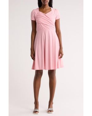 Loveappella Swiss Dot Short Sleeve Fit & Flare Dress - Pink