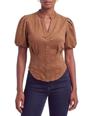 Bagatelle Puff Sleeve Faux Suede Shirt - Blue