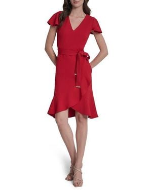 DKNY Short Sleeve Tulip Hem Fit & Flare Dress - Red