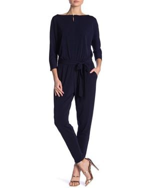 Nina Leonard Three-Quarter Sleeve Belted Jumpsuit - Blue