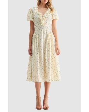 Lush Ruffle Puff Sleeve Midi Dress - Yellow