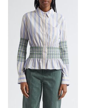 Stine Goya Stripe Smock Detail Organic Cotton Button-Up Shirt - Gray
