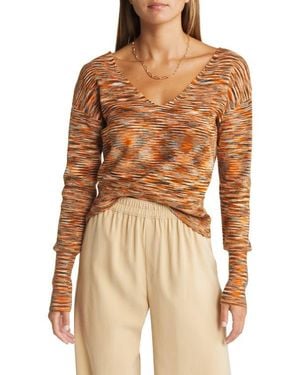 Open Edit Skivvy Space Dye V-Neck Sweater - Brown