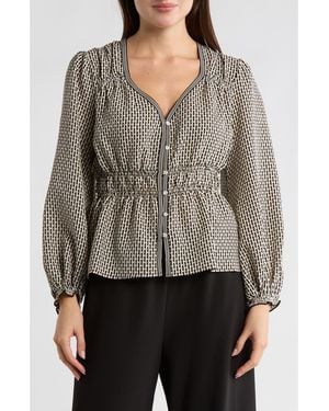 Max Studio Balloon Sleeve Button-Up Peplum Top - Gray