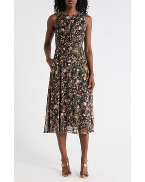 Vince Camuto Floral Twisted Front Mesh Midi Dress - Natural