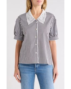 Forgotten Grace Gingham Lace Collar Cotton Shirt - Blue