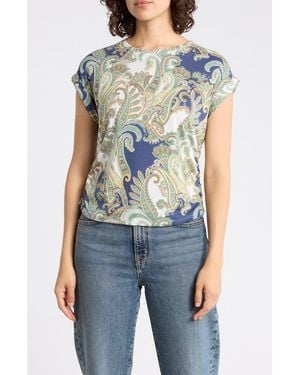 Tahari Cuffed Short Sleeve Ruched T-Shirt - Blue