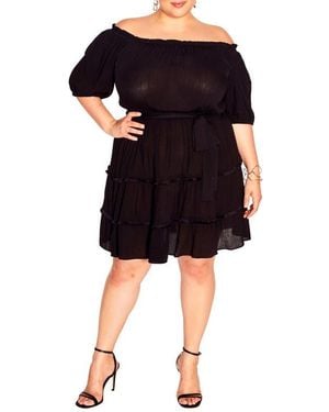 City Chic Fiesta Fringe Off The Shoulder Dress - Black