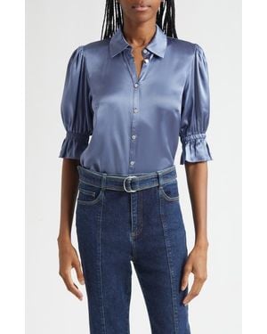 Cinq À Sept Fiona Ruffle Cuff Silk Button-Up Shirt - Blue
