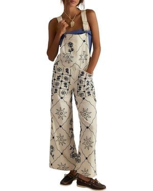 Free People Rising Sun Embroidered Wide Leg Overalls - Natural