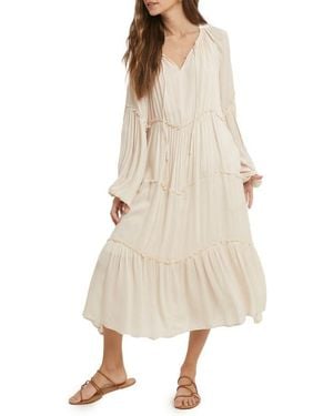 Wishlist Notched Neck Long Sleeve Tiered Dress - Natural