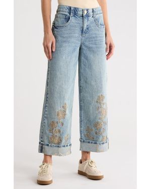 Democracy Floral Embroidered Cuffed Wide Leg Jeans - Blue