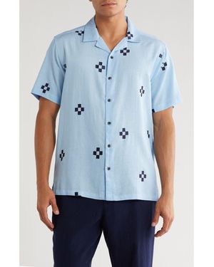 T.R. Premium Geometric Embroidered Camp Shirt - Blue