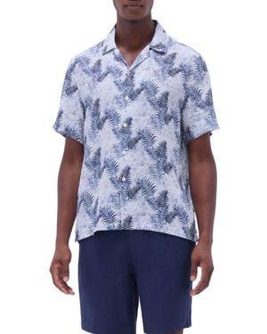 Bugatchi Jackson Floral Leaf Print Linen Camp Shirt - Blue