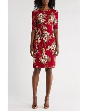 Connected Apparel Floral 3/Sleeve Faux Wrap Dress - Red