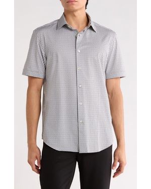 Bugatchi Plaid Stretch Cotton Short Sleeve Button-Up Shirt - Gray