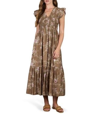 AUGUST SKY Floral Smocked Midi Dress - Brown