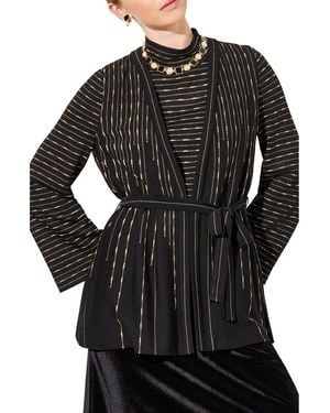 Ming Wang Belted Shimmer Stripe Jacket - Black