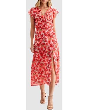 Lush Flutter Sleeve Ruffle Midi Dress - Red