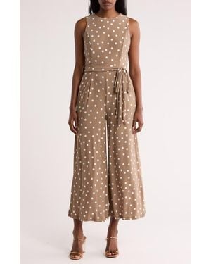 Tommy Hilfiger Polka Dot Sleeveless Tie Waist Crop Jumpsuit - Natural