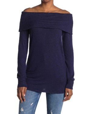 Go Couture Foldover Off The Shoulder Tunic Sweater - Blue