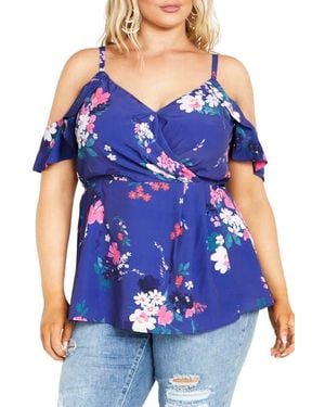 City Chic Kallie Floral Cold Shoulder Top - Blue