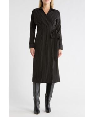 AREA STARS Cass Pinstripe Long Sleeve Wrap Dress - Black