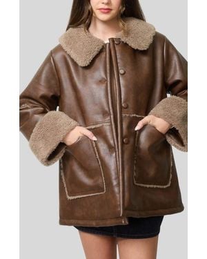 Blu Pepper Faux Fur Trim Faux Leather Jacket - Brown