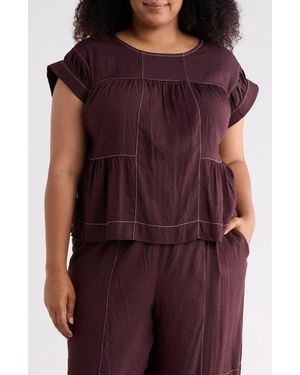 Adrianna Papell Topstitched Crinkled Cap Sleeve Top - Purple