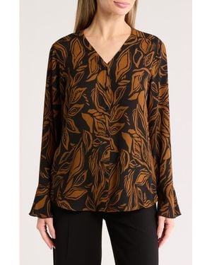 Tahari Long Sleeve Button-Up Top - Brown