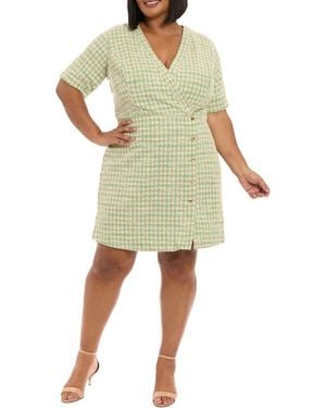 London Times Short Sleeve Bouclé Faux Wrap Dress - Green