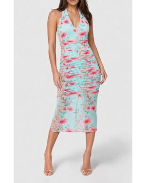 Bebe Shirred Polka Dot Mesh Halter Midi Dress - Blue