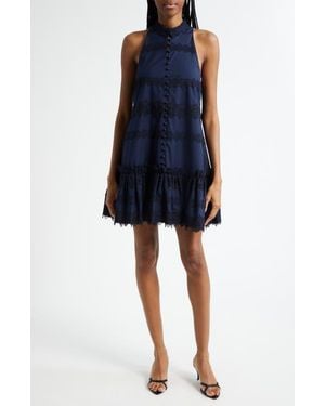 Cinq À Sept Malena Lace Detail Stretch Cotton Trapeze Minidress - Blue
