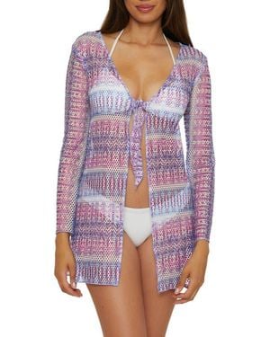 Becca Tie Front Long Sleeve Sheer Mesh Cover-Up - Multicolor