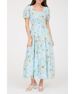 AUGUST SKY Smocked Midi Dress - Blue