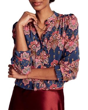 Boden Alice Paisley Ruffle Silk Button-Up Shirt - Blue