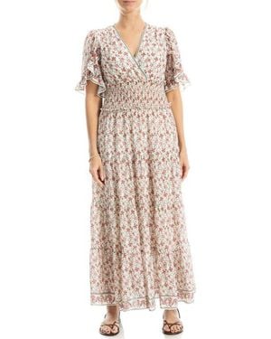 Max Studio V-Neck Flutter Sleeve Smocked Waist Maxi Dress - Natural