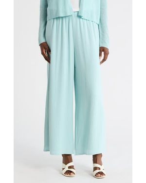 Eileen Fisher Silk Crepe Georgette Ankle Wide Leg Pants - Blue