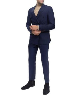 Ron Tomson Super 120S Wool Double Breasted Tuxedo Jacket - Blue