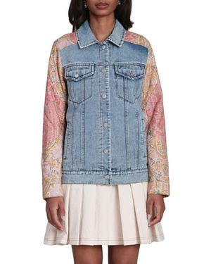 Avec Les Filles Mixed Media Denim Trucker Jacket - Blue
