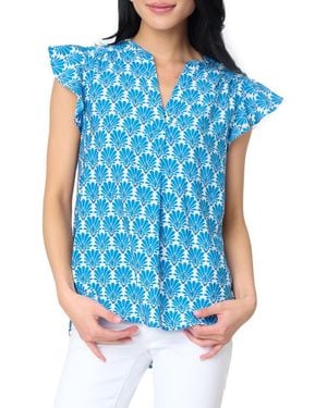 Gibsonlook Notch Neck Flutter Sleeve High-Low Top - Blue