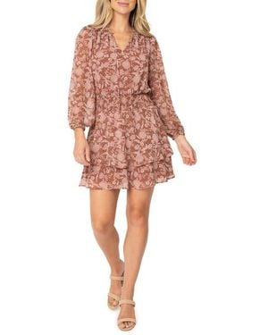 Gibsonlook Floral Long Sleeve Smock Waist Minidress - Red
