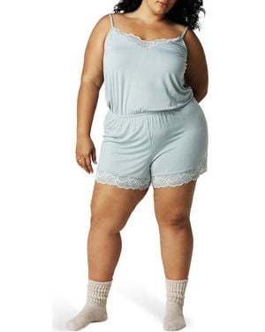 Posh Peanut Lace Trim Pajama Romper - Blue