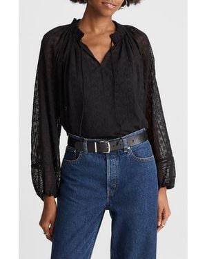 Madewell Embroidered Tie Neck Long Sleeve Top - Black