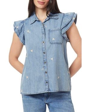 Kensie Denim Double Flutter Sleeve Button Front Top - Blue