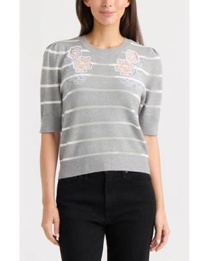 Ellen Tracy Floral Embroidered Short Sleeve Sweater - Gray