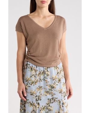 Max Studio Side Ruched Short Sleeve V-Neck Sweater - Brown