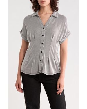 Adrianna Papell Microstriped Button Front Knit Top - Gray