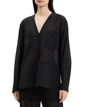Theory Wool Blend V-Neck Button-Up Shirt - Black