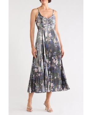 Nicole Miller Metallic Floral Empire Waist Pleated Midi Dress - Blue
